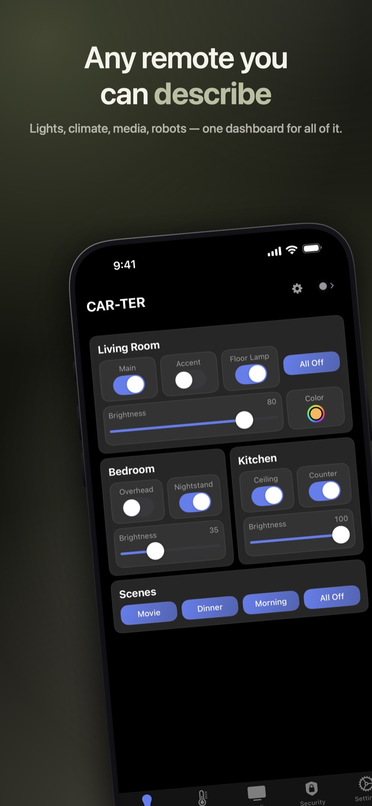 Any remote you can describe — Lights, climate, media, robots — one dashboard for all of it.
