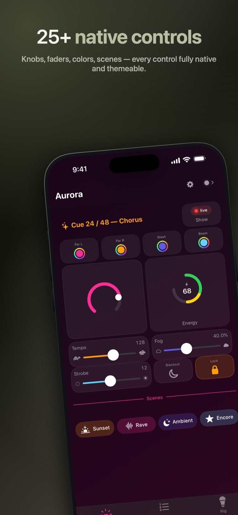 25+ native controls — Knobs, faders, colors, scenes — every control fully native and themeable.