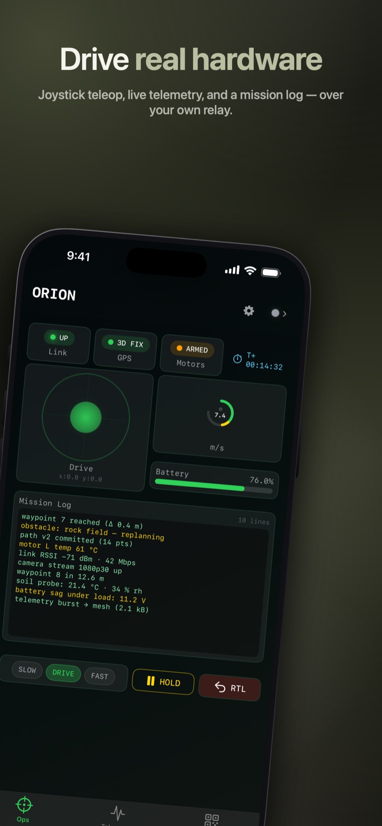 Drive real hardware — Joystick teleop, live telemetry, and a mission log — over your own relay.