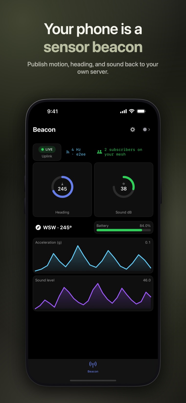 Your phone is a sensor beacon — Publish motion, heading, and sound back to your own server.